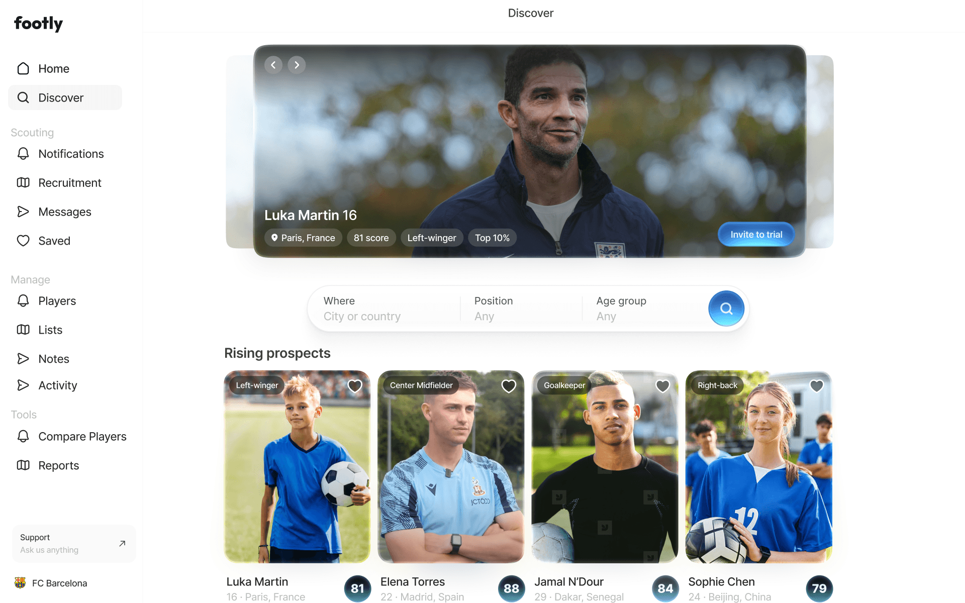 Footly scout workspace design showing player discovery and football profiles