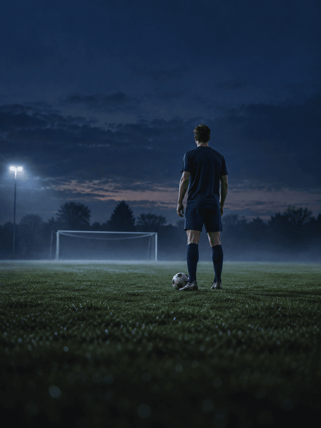 A footballer facing the pitch under evening floodlights